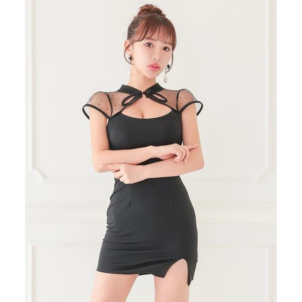 ドレス キャバドレス ミニ タイト 半袖 谷間 シンプル ストレッチ ドット柄 ワンカラードレス