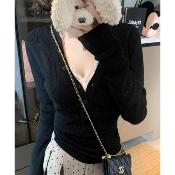 ニット セーター ボタン付き　深Vニットセーター レディース