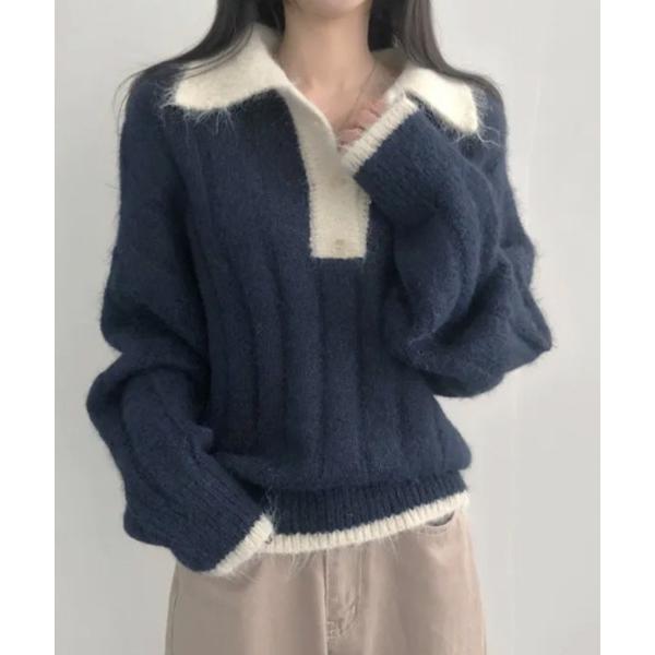 ニット セーター モヘアタッチ ルーズフィット ポロシャツ風ニット レディース