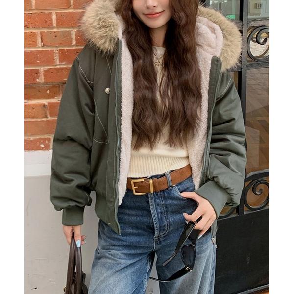 ブルゾン アウター ファー付き裏ボアジップアップブルゾン レディース