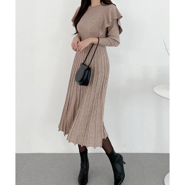 ワンピース フリルスリーブニットワンピース