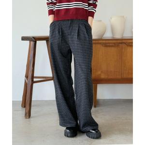 スラックス パンツ ウールタッチオーバーチェックワイドパンツ レディース