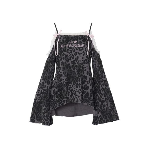 tシャツ Leopard print open shoulder tops レディース