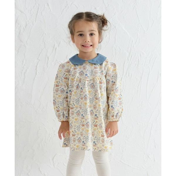 ワンピース 総柄ブルーフラワー長袖ワンピース キッズ 子供服 女の子