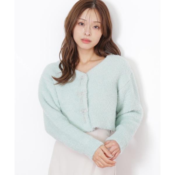 ニット セーター リボンビジューフェザーカーディガン レディース