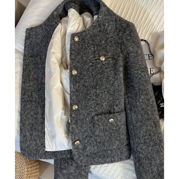 ジャケット ノーカラージャケット 金釦メルトンウールインナキルトノーカラージャケット レディース