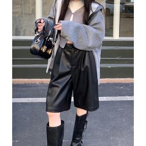 ハーフパンツ ワイドパンツ パンツ フェイクレザータックハーフパンツ