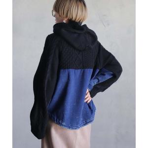 ニット セーター ケーブル×インディゴパーカー レディース