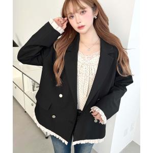 ジャケット テーラードジャケット マットゴールド釦配色フリルWテーラージャケット レディース