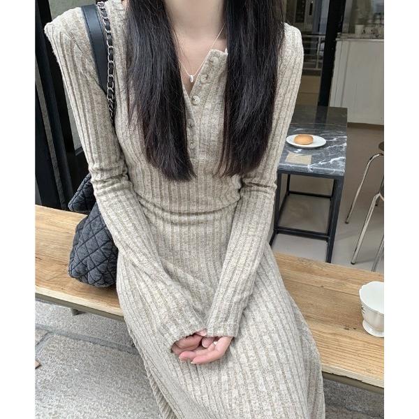 ワンピース ヘンリーデザイン リブニットロングワンピース