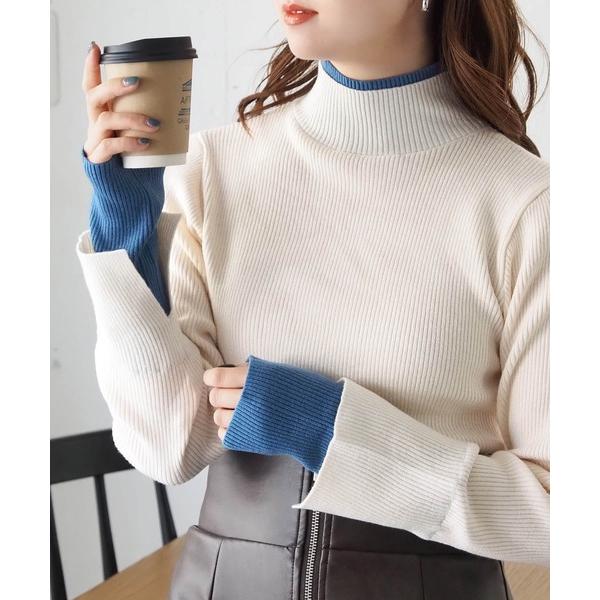 ニット セーター 配色レイヤードハイネックプルオーバー レディース