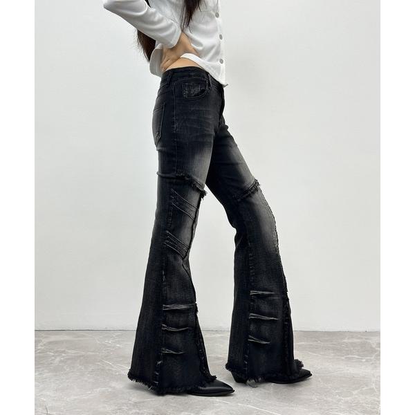 ジーンズ デニム デニムパンツ フリンジダメージ カットオフストレッチフレアパンツ レディース