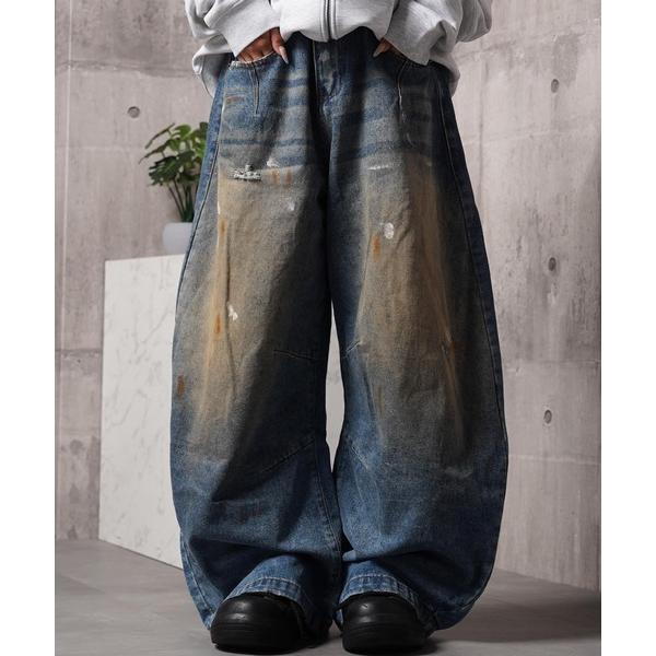 ジーンズ ダメージペイント バレルレッグジーンズ / Damage Paint Barrel Leg...