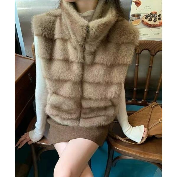 ベスト ジレ スタンドカラーフェイクファーベスト レディース