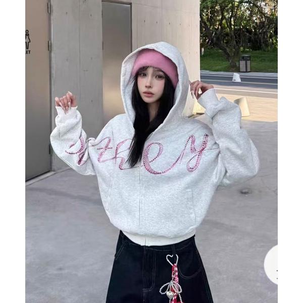 パーカー ラインストーンロゴ オーバーサイズフーディ レディース
