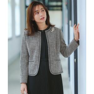 ジャケット ノーカラージャケット ライトストレッチ ツイード ジャケット レディース