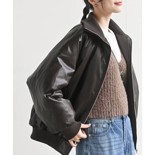 ブルゾン アウター フェイクレザーリブブルゾン レディース