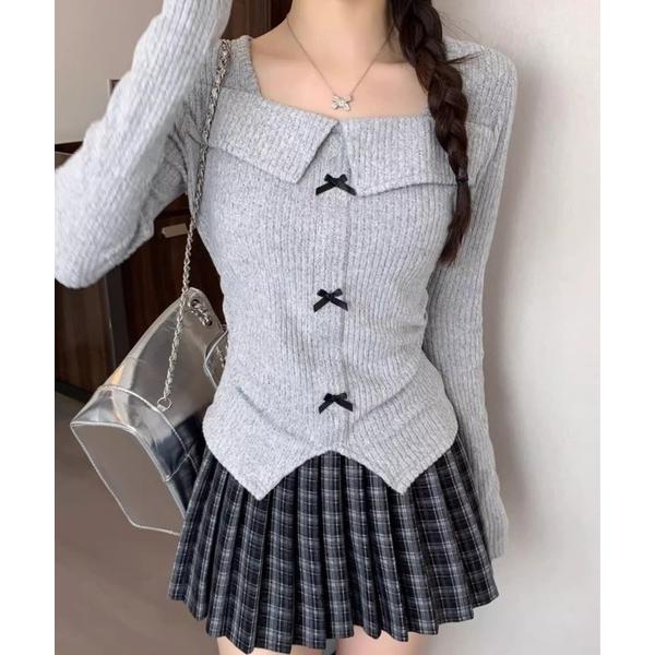 tシャツ スクエアネックリボン起毛リブトップス レディース