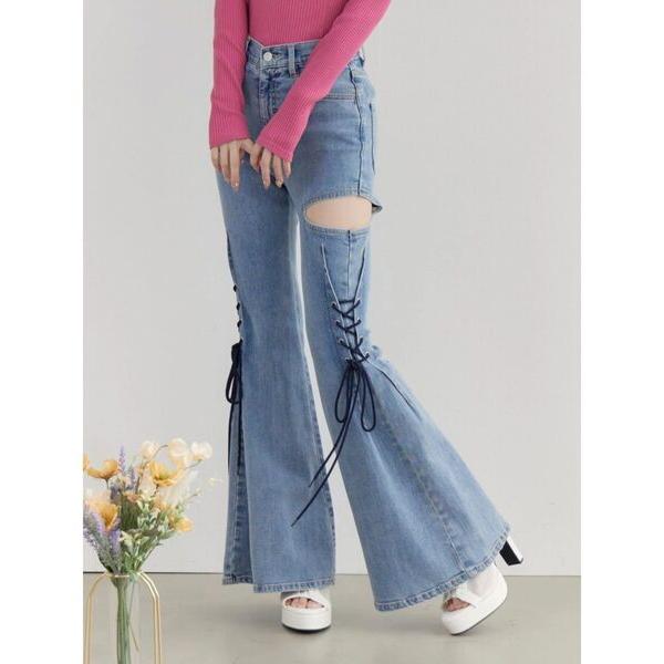 ジーンズ デニム デニムパンツ サイドレースアップカットアウトデニムパンツ レディース