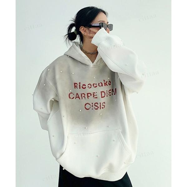 パーカー 韓国ファッション Ricecakeパールスタッズグラデーションデザインフーディー レディー...