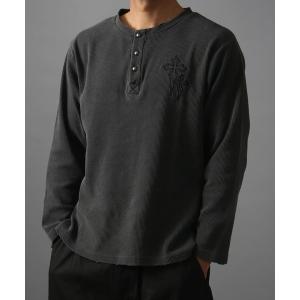 tシャツ 「NYS」ヴィンテージ風クロス刺繍ワッフルダメージロンT / ピグメント加工 ヘンリーネック ユニセックス メンズ レディース