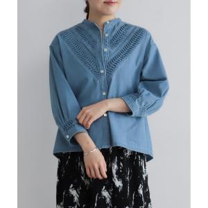 ブラウス シャツ ねじりピンタックデニム　スタンドショートシャツ レディース