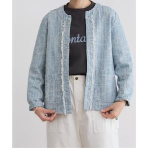 ジャケット ノーカラージャケット フリンジデニム　ノーカラージャケット レディース