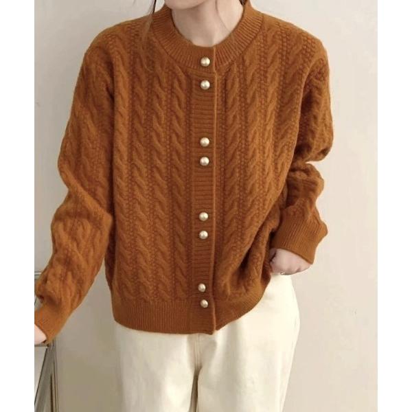 カーディガン ケーブル編みクルーネックカーディガン レディース