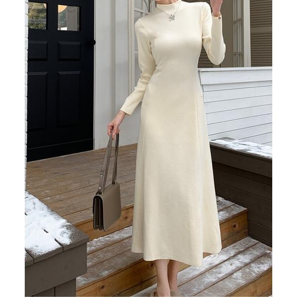 ワンピース ハイネックフレアニットワンピース