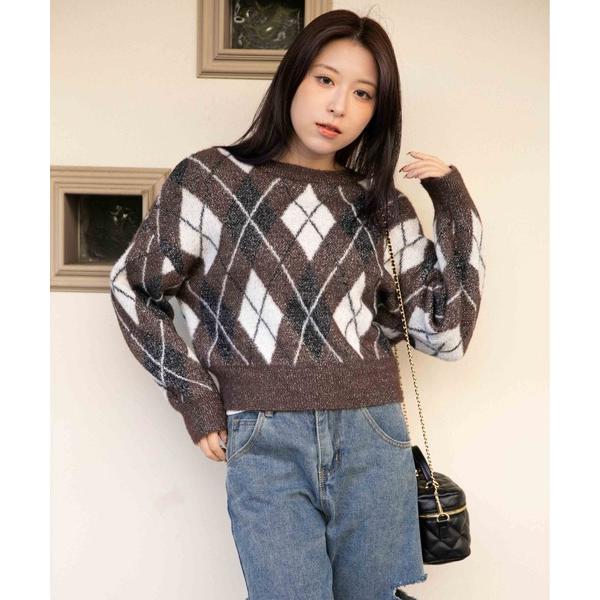 ニット セーター 「アーガイル×ラメMIX」レディース シャギーニット ラメ入り ニットトップス ふ...