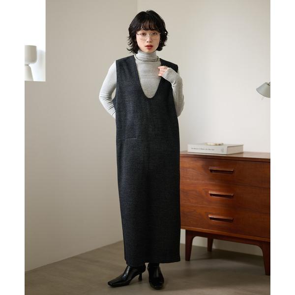 ジャンパースカート wool blend deep neck sleeveless dress /ウ...