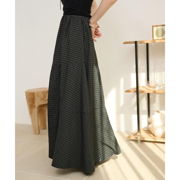 スカート check flare tiered long skirt /チェックフレアティアードロン...
