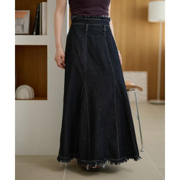 デニムスカート fringe stitch denim long skirt /フリンジパターンデニ...