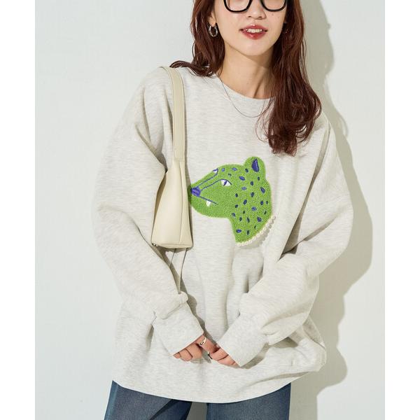 トレーナー スウェット 限定展開　レオパード サガラ刺繍 パール 裏起毛 スウェット レディース