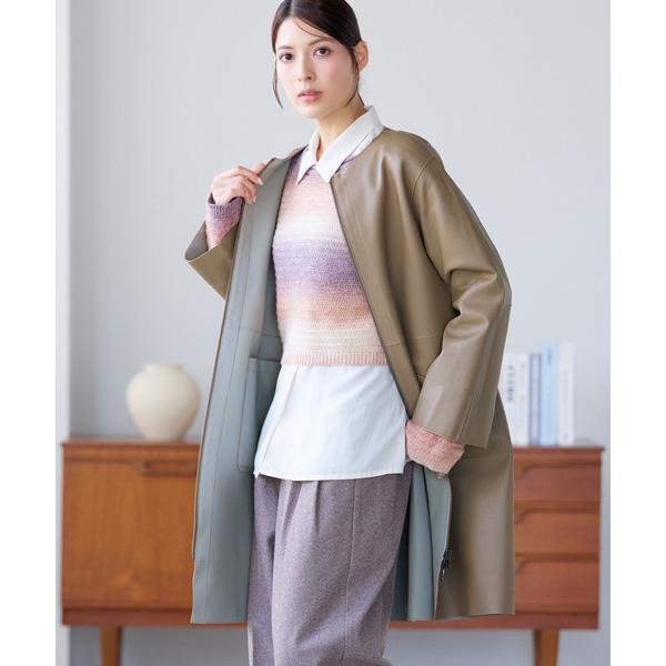 ノーカラーコート コート ノーカラーラムレザー コート レディース