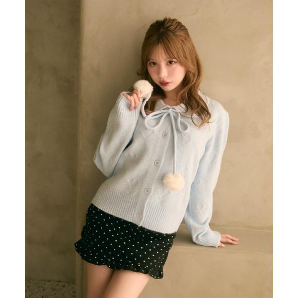 カーディガン ポンポン付きハート編みニット レディース