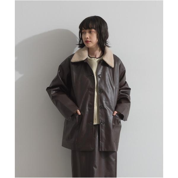 コート アウター ボア付きフェイクレザーカバーオール レディース