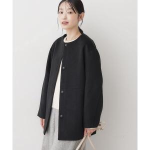 ノーカラーコート コート ウール混クルーネックコート レディース