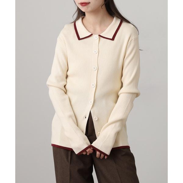 カーディガン 配色リブニットポロ衿カーディガン レディース