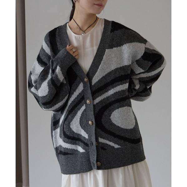 ニット セーター マーブル柄Vネックカーディガン レディース