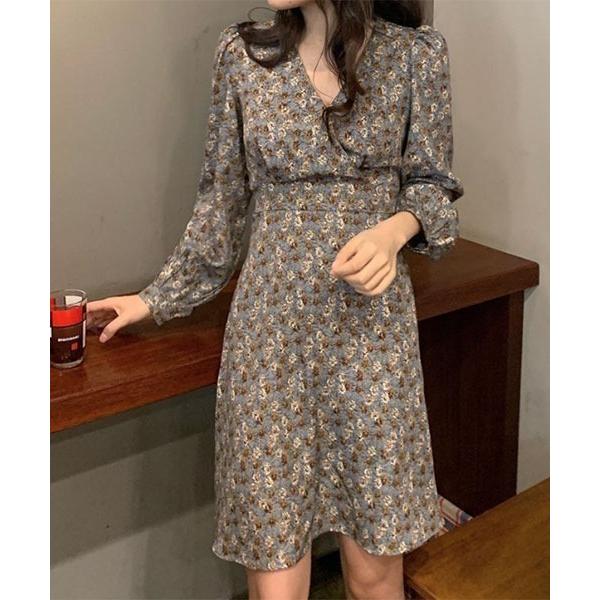 ワンピース 「i-dare」 花柄 長袖 カシュクール ミニ丈 ワンピース