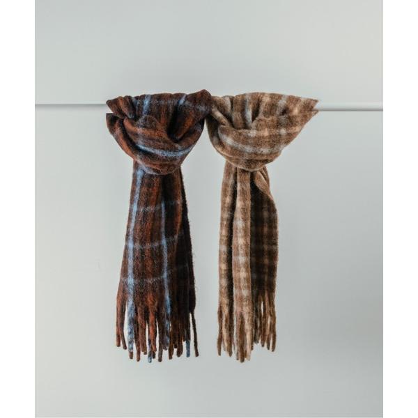 マフラー ストール 「on:nue」ウール混チェックボリュームフリンジマフラー レディース