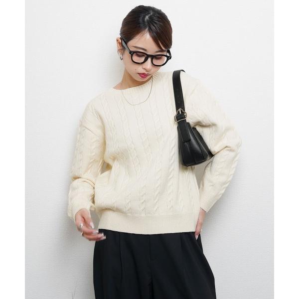 ニット セーター カラーケーブルクルーニットセーター レディース