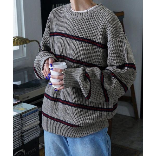 ニット セーター ルーズカラーボーダーニット レディース
