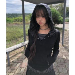 パーカー ボーダー配色スナップフードボタンTシャツ レディース