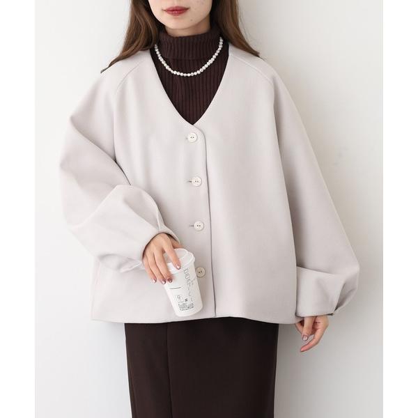 ジャケット ノーカラージャケット フェイクウールＶネック袖タックジャケット レディース