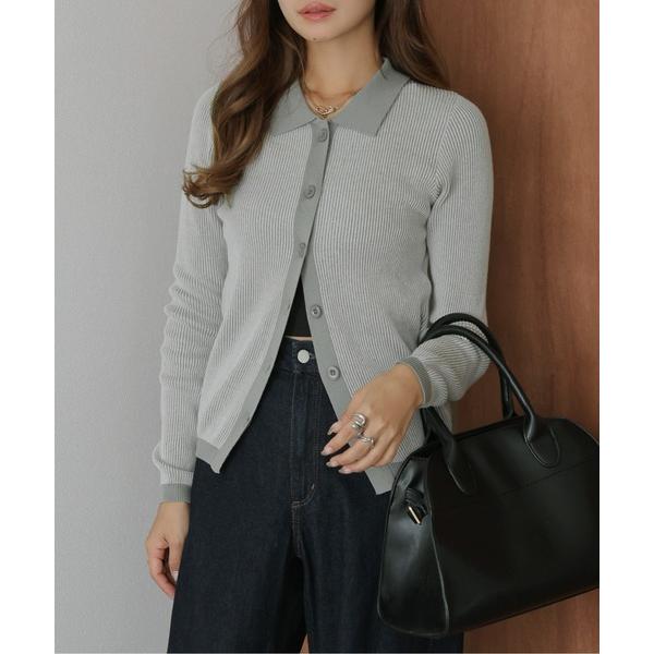 ニット セーター 襟付き リブ編みアクリルニット レディース