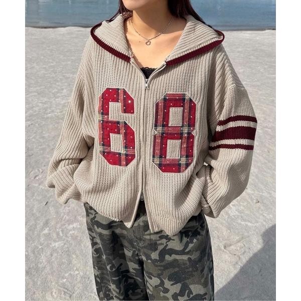 セーター ニット ラインストーンアップリケジップニットパーカー メンズ レディース