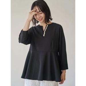 ブラウス シャツ パールキーネックペプラムブラウス レディース