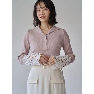 ニット セーター レーススリーブハイネック釦リブニット レディース